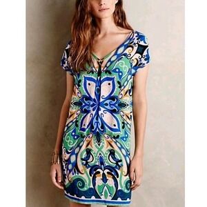 Anthropologie Maeve Folklore Bohemian Blue Bird Shift Dress‎ Sz M Party Guest